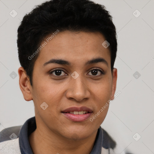 Joyful latino young-adult female with short  brown hair and brown eyes