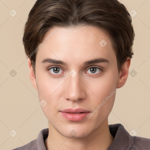 Neutral white young-adult male with short  brown hair and brown eyes