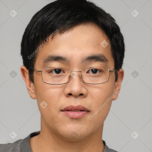 Neutral asian young-adult male with short  black hair and brown eyes