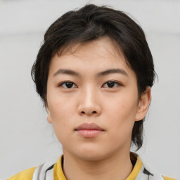 Neutral asian young-adult female with short  brown hair and brown eyes