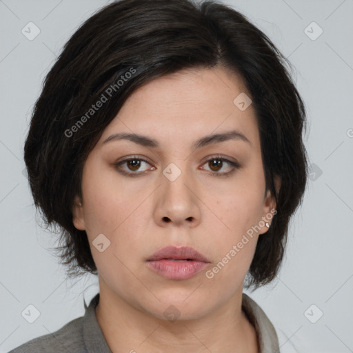 Neutral asian young-adult female with medium  brown hair and brown eyes