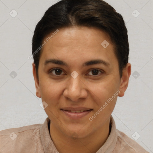 Joyful white young-adult female with short  brown hair and brown eyes