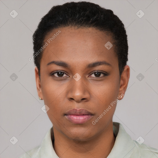 Neutral black young-adult female with short  black hair and brown eyes