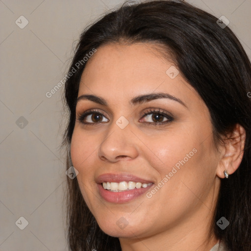 Joyful white young-adult female with medium  brown hair and brown eyes