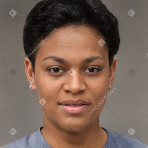 Joyful black young-adult female with short  black hair and brown eyes