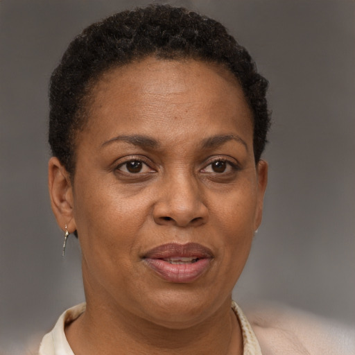 Joyful black adult female with short  brown hair and brown eyes