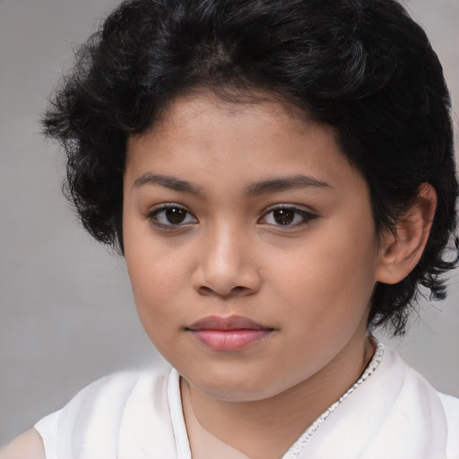 Joyful latino child female with medium  brown hair and brown eyes