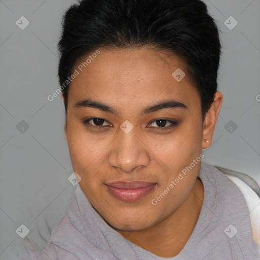 Joyful latino young-adult female with short  brown hair and brown eyes