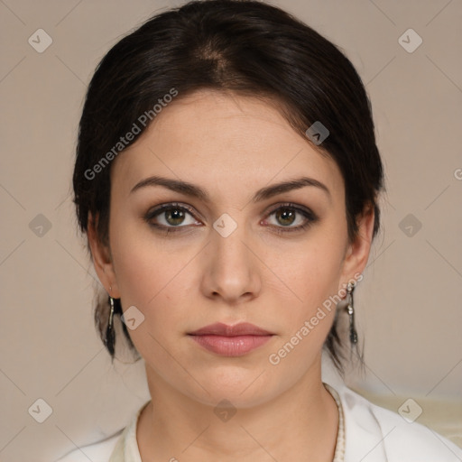 Neutral white young-adult female with medium  brown hair and brown eyes