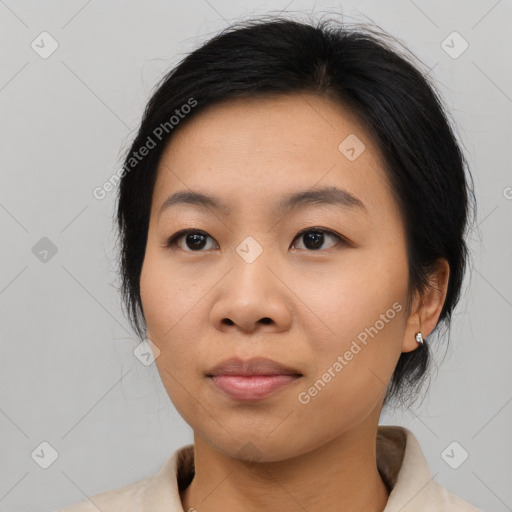 Neutral asian young-adult female with medium  black hair and brown eyes