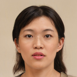 Neutral asian young-adult female with medium  brown hair and brown eyes