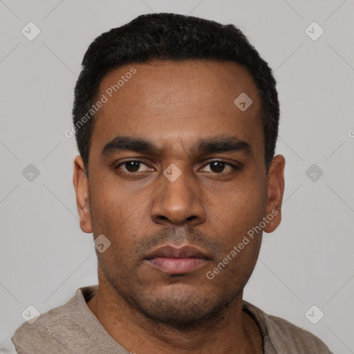 Neutral latino young-adult male with short  black hair and brown eyes