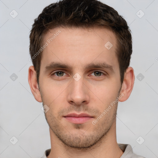 Neutral white young-adult male with short  brown hair and brown eyes