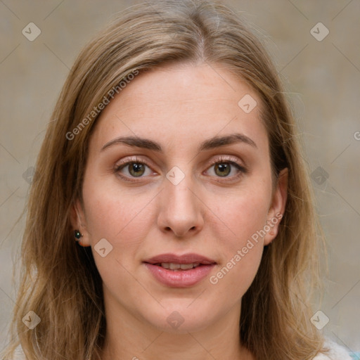 Joyful white young-adult female with medium  brown hair and green eyes