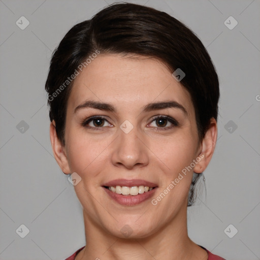 Joyful white young-adult female with short  brown hair and brown eyes