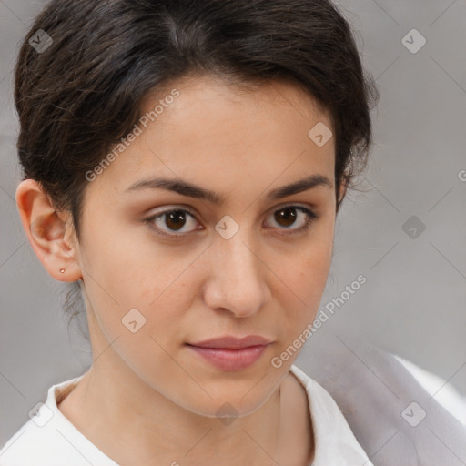 Neutral white young-adult female with short  brown hair and brown eyes