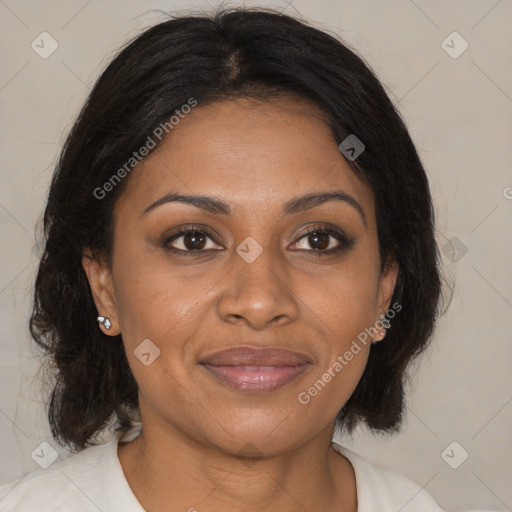 Joyful black young-adult female with medium  brown hair and brown eyes