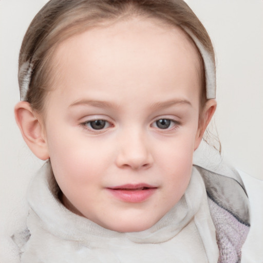 Joyful white child female with medium  brown hair and blue eyes