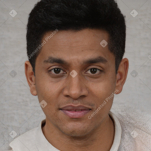 Joyful latino young-adult male with short  brown hair and brown eyes