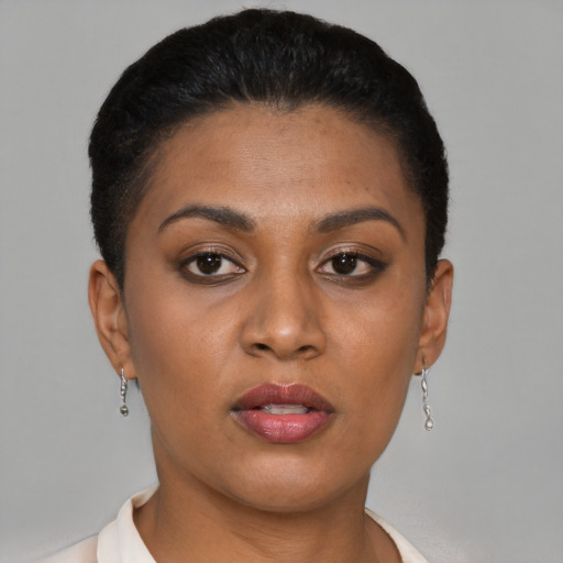 Joyful black young-adult female with short  brown hair and brown eyes
