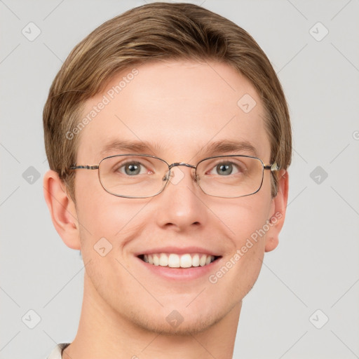 Joyful white adult male with short  brown hair and grey eyes