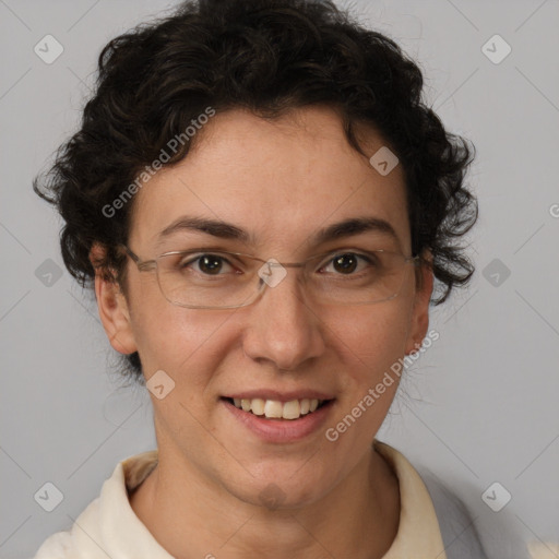 Joyful white adult female with short  brown hair and brown eyes