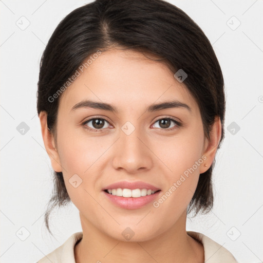 Joyful white young-adult female with medium  brown hair and brown eyes