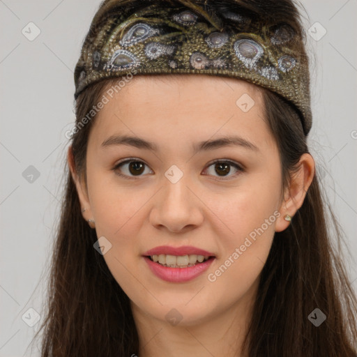 Joyful latino young-adult female with long  brown hair and brown eyes