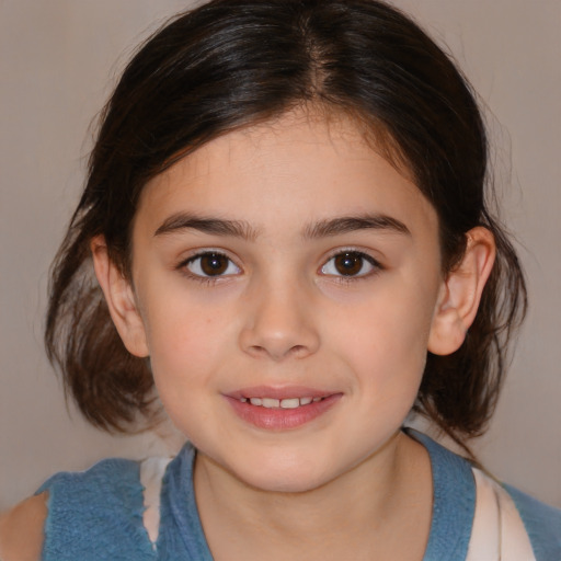 Joyful white child female with medium  brown hair and brown eyes