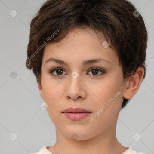 Neutral white young-adult female with short  brown hair and brown eyes