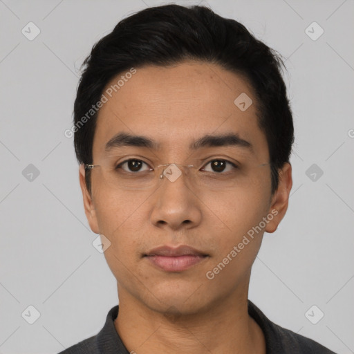 Neutral asian young-adult male with short  black hair and brown eyes