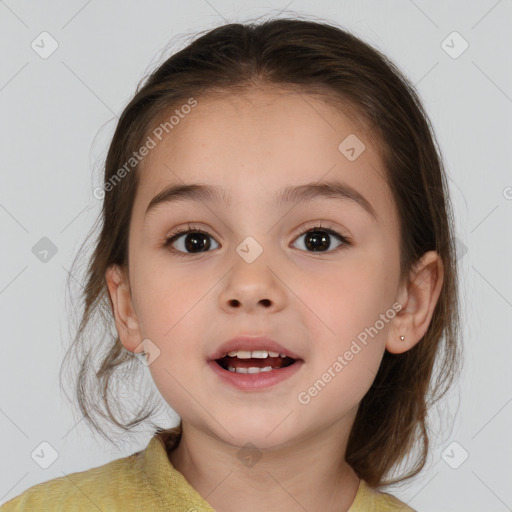 Joyful white child female with medium  brown hair and brown eyes