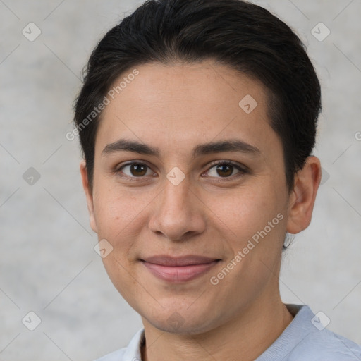 Joyful white young-adult female with short  brown hair and brown eyes