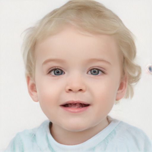 Joyful white child female with short  blond hair and blue eyes