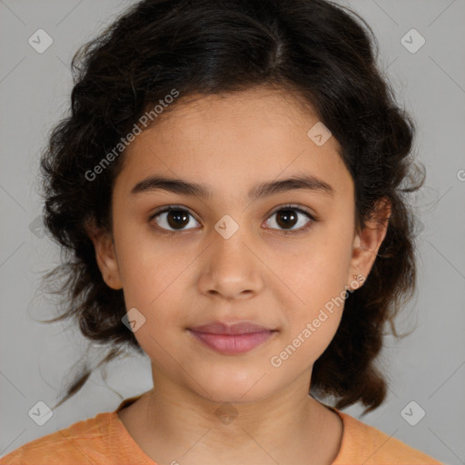 Joyful white child female with medium  brown hair and brown eyes