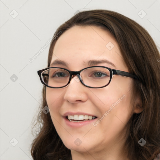 Joyful white adult female with long  brown hair and brown eyes