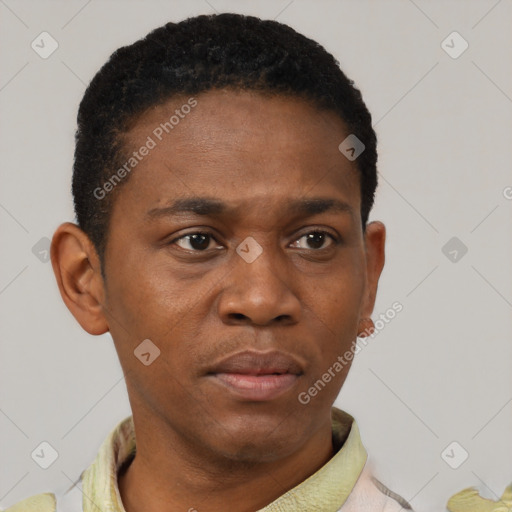 Neutral black young-adult male with short  black hair and brown eyes