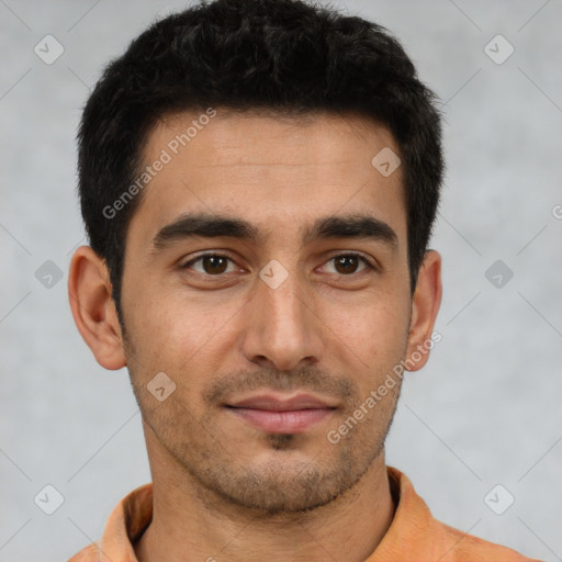 Neutral white young-adult male with short  brown hair and brown eyes