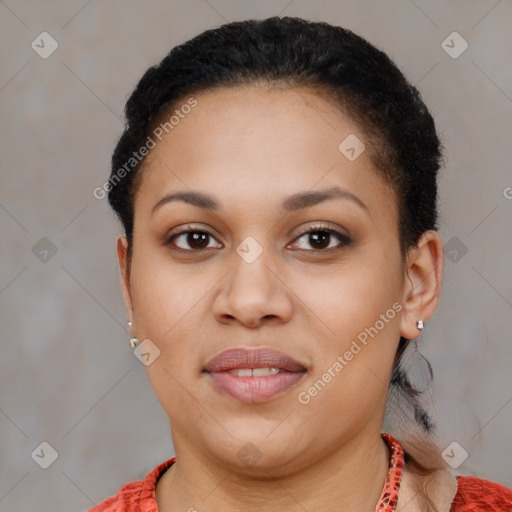 Joyful latino young-adult female with short  brown hair and brown eyes