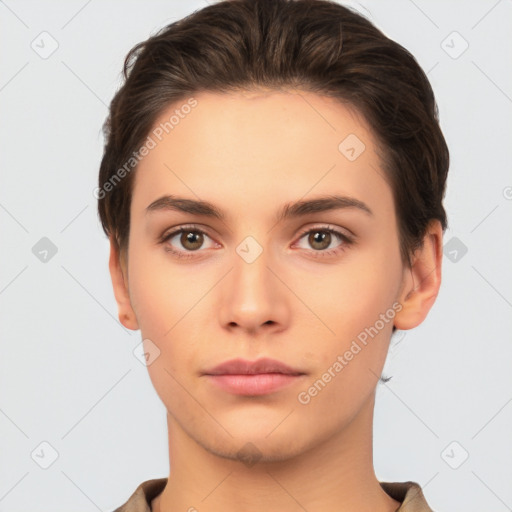 Neutral white young-adult female with short  brown hair and brown eyes