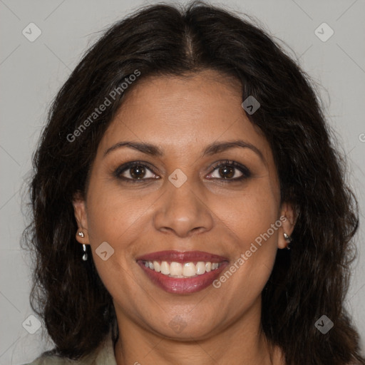 Joyful white adult female with long  brown hair and brown eyes