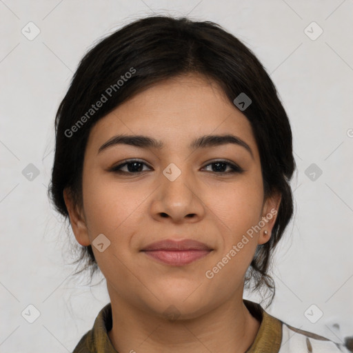 Joyful latino young-adult female with medium  brown hair and brown eyes