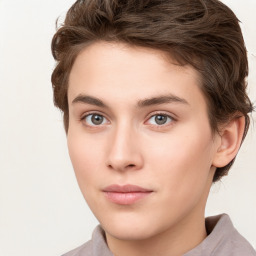 Neutral white young-adult female with short  brown hair and brown eyes