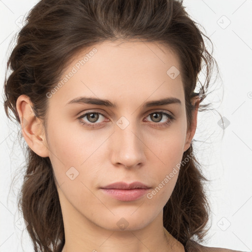 Neutral white young-adult female with medium  brown hair and brown eyes