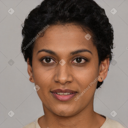 Joyful latino young-adult female with short  black hair and brown eyes