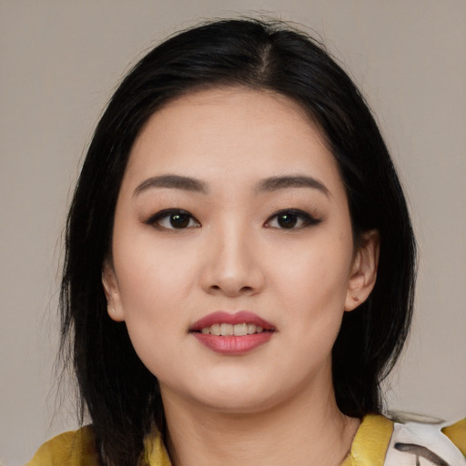 Neutral asian young-adult female with medium  black hair and brown eyes