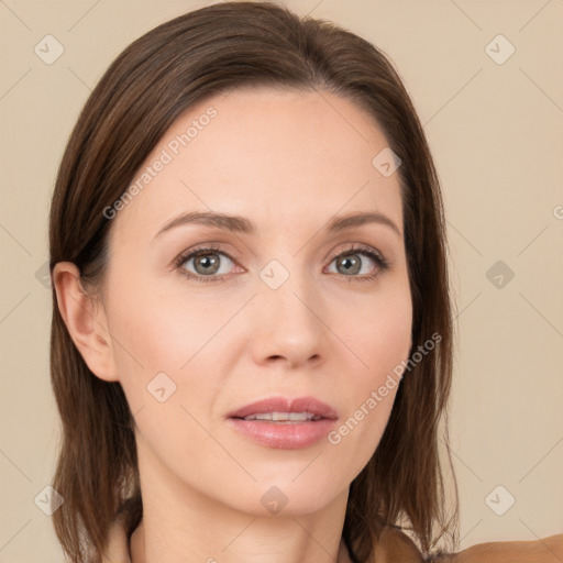 Neutral white young-adult female with medium  brown hair and brown eyes