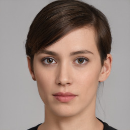 Neutral white young-adult female with short  brown hair and brown eyes