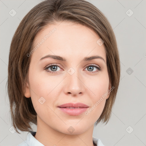 Joyful white young-adult female with medium  brown hair and green eyes