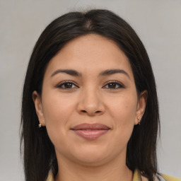 Joyful asian young-adult female with medium  brown hair and brown eyes